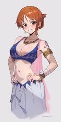  alabasta arabian_clothes belly_dancer belly_dancer_outfit blush brown_eyes cleavage female female_only hands_on_hips harem_girl harem_outfit huge_breasts looking_at_viewer nami necklace one_piece orange_hair pre-timeskip short_hair skirt solo sooon vest 