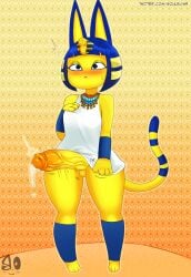  1futa accidental_exposure animal_crossing ankha ankha_(animal_crossing) anthro balls balls_under_clothes bottomless bottomless_skirt bulge bulge_through_clothing clothed clothing dickgirl embarrassed_nude_futa erect_penis erection erection_under_clothes erection_under_skirt furry futa_only futanari hand_on_breast huge_cock intersex mostly_clothed penis penis_out penis_under_clothes penis_under_skirt precum precum_drip pushing_down skirt skirt_lift solo souley69 tagme twitch_lines 