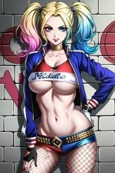  ai_generated blonde_hair blue_eyes breasts dc_comics edosynf female fishnet_pantyhose fishnets gloves harley_quinn highres jacket large_breasts looking_at_viewer navel pantyhose shorts solo twintails underboob 