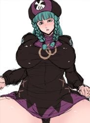  1girls big_breasts blush breasts clothed clothed_female clothing erect_nipples female green_hair hat kuroi_miyuki large_breasts light-skinned_female mega_man mega_man_battle_network nipples ogura_anko open_mouth panties skirt solo spread_legs thick_thighs thong 