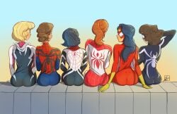  6girls anya_corazon arana ass ass_focus big_ass black_hair blonde_hair brown_hair cindy_moon fat_ass fat_cheeks female female_only fine_art_parody gwen_stacy human human_only jessica_drew light-skinned_female light_skin marvel mary_jane_watson mayday_parker mc2 mother mother_and_daughter noah_eisenman pawg pink_floyd red_hair reference reference_image short_hair silk_(marvel) simple_background sitting spider-girl spider-gwen spider-man_(series) spider-woman spinneret_(mary_jane_watson) superhero superheroine tight_clothing 