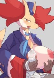  absurd_res anthro areola big_breasts black_body black_fur blue_clothing blush breasts canid canine clothed clothing delphox duo erection female fur generation_6_pokemon genitals hat headgear headwear hi_res huge_breasts inner_ear_fluff looking_at_viewer male mammal multicolored_body multicolored_fur nintendo nipples nojaaaaaaaarori nude open_mouth panties pantyjob penetration penile penis pink_areola pink_nipples pokemon pokemon_(species) red_body red_eyes red_fur simple_background thick_thighs tuft tuxedo_style_delphox underwear white_body white_fur wide_hips yellow_body yellow_fur 