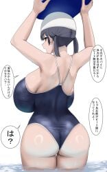  1girls arms_up ass breasts brown_hair competition_swimsuit dialogue female huge_breasts japanese_text large_ass light-skinned_female light_skin oekakizuki one-piece_swimsuit original original_character swim_cap swimmer swimsuit translation_request twintails 