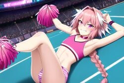  ai_generated astolfo_(fate) braid cheerleader choker crop_top fate/apocrypha fate/grand_order fate_(series) femboy girly knees_up lying_on_back novelai pink_eyes pink_hair smile smiling stadium striped_panties 