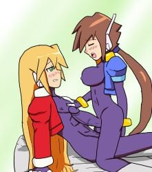  1boy 1futa aile balls big_penis blonde_hair blush bodysuit breasts brown_hair clothed clothing cowgirl_position dark_skin duo erection futanari girouette human kneeling light-skinned_futanari light-skinned_male light_skin long_hair male male_on_futa mega_man mega_man_zx mega_man_zx_advent mostly_clothed on_back penis ponytail side_view thetis_(artist) thetiszx 
