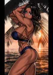 1girls abs absurd_res arms_up biceps bikini black_pussy black_women blue_eyes breasts cleavage dark-skinned_female dark_skin hi_res large_breasts looking_at_viewer muscular muscular_arms muscular_female original serratus_anterior smile solo swimsuit thick_thighs yuto_noirm08
