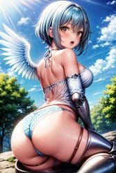  ai_generated angel angel_wings ass bare_shoulders blue_hair blush breasts corset female from_behind green_eyes hairclip huge_ass looking_at_viewer medium_breasts nanael panties queen&#039;s_blade shiny shiny_hair shiny_skin short_hair single_wing solo thick_thighs thighlet wariza wings 