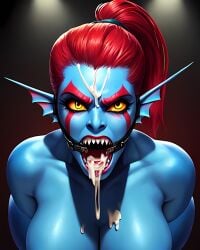  2d 2d_(artwork) 2d_artwork ai_generated angry bondage color cum_in_mouth cum_on_face marine realistic red_hair ring_gag slave tagme undertale undertale_(series) undyne 