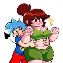  1boy 1girls animation_sensation belly_button blue_hair blush boyfriend_(friday_night_funkin) brown_hair chubby chubby_belly chubby_female cleavage demon_girl demon_tail duo duo_focus fat friday_night_funkin girlfriend_(friday_night_funkin) hair_bun navel red_eyes shirt shorter_male shorts taller_female thick_thighs vest wide_hips 