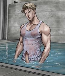  1boy abs bara biceps big_penis blonde_hair erection gay hi_res highres jujutsu_kaisen kento_nanami male male_focus male_only muscular muscular_male nipples partially_submerged penis solo solo_male urielbeaupre wet wet_t-shirt wet_tank_top 