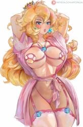  1girls absurd_res arms_behind_head arms_up artofalva bare_arms blonde_hair blue_eyes blush breasts cleavage clothing curvaceous curvy_female curvy_figure cutesexyrobutts_(style) female female_focus female_only hi_res huge_breasts long_hair looking_at_viewer mario_(series) princess_peach simple_background solo solo_female solo_focus standing thighs underwear very_long_hair white_background 