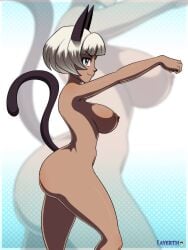  1girls absurd_res animal_ears areola arms_out ass bangs big_ass big_breasts blue_eyes bob_cut breasts cat_ears cat_tail catgirl dark-skinned_female dark_skin eyebrows eyebrows_visible_through_hair feline_humanoid female female_only hi_res humanoid kemonomimi large_breasts layerth looking_at_viewer nadia_fortune nekomimi nipples nude nude_female raised_tail short_hair side_view sideboob skullgirls smile solo tail thick_thighs watermark white_hair zoom_layer 