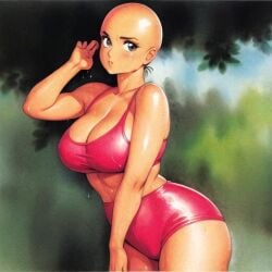  ai_generated artist_request bald black_eyes breasts cleavage female female_focus female_only shorts sports_bra sweat thick_thighs thighs 