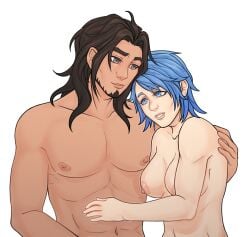  1boy1girl 1girls 1male aqua_(kingdom_hearts) arm_on_shoulder beard blue_eyes blue_hair brown_hair commission commissioner_upload crossover crossover_pairing crossover_shipping cuddling dark_brown_hair dunban gray_eyes hugging kingdom_hearts kingdom_hearts_birth_by_sleep large_breasts messy_hair muscular muscular_male nipples shirtless smile smiling strip_poker_night_at_the_inventory topless xemoness xenoblade_(series) xenoblade_chronicles 
