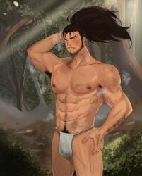  2021 arm_behind_head armpit_hair beard blush brown_hair bulge facial_hair fundoshi hairy hairy_arms hairy_chest hi_res highres league_of_legends looking_at_viewer male_nipples male_pubic_hair muscular_legs muscular_thighs nipples ppssan057 riot_games scar solo_male yasuo 