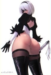  1girls absurdres artist_name ass black_footwear black_thighhighs blindfold boots commentary female gloves hair_ornament hairband highleg highleg_leotard highres holding huge_ass leotard lips long_sleeves looking_at_viewer looking_back mole mole_under_mouth nier nier:_automata nier_(series) puffy_sleeves shiny_clothes shiny_skin short_hair signature simple_background smile solo thigh_boots thighhighs thighs uzzy2801 white_background white_hair yorha_2b 