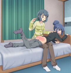  2girls artist_request bed bedroom black_sleeves blush brown_pants character_request green_stripes long_hair looking_back one_leg_up open_mouth pink_ass red_ass socks spanking tagme white_socks zekel 