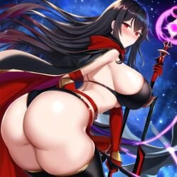  ai_generated anime_style ass big_ass big_breasts big_butt black_bikini black_cape black_hair blush cape fiona_the_dark_mage gem huge_ass huge_breasts huge_butt magic nhuong258 red_eyes smiling stable_diffusion staff stockings thick_thighs 