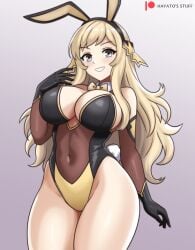  1girls alternate_costume animal_ears bare_thighs bow bowtie breasts bunny_day bunny_ears bunny_girl bunnysuit cleavage female female_only fire_emblem fire_emblem_fates gloves grey_eyes grin hayato_stuff highres large_breasts long_hair nintendo ophelia_(fire_emblem) playboy_bunny rabbit_ears sidelocks smile swept_bangs thick_thighs 