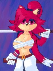  anthro armor asami_the_cat belt big_breasts breasts chest_wraps clothed clothing digital_media_(artwork) drawing ear_piercing fan_character female fur gloves hair handwear hi_res humanoid long_hair looking_at_viewer melee_weapon piercing red_body red_eyes red_fur red_hair redeye_samurai_(artist) sega simple_background smile solo sonic_(series) sonic_the_hedgehog_(series) standing sword weapon 