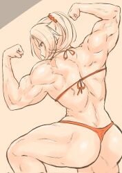  1girls ass back biceps bikini bodybuilding bodybuilding_bikini flexing harurukan hi_res limited_palette looking_at_viewer looking_back looking_over_shoulder muscular muscular_arms muscular_back muscular_female original ponytail pose simple_background thick_thighs 