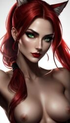  green_eyes katarina_du_couteau league_of_legends long_hair medium_breasts red_hair red_lipstick seductive_smile small_nipples topless 
