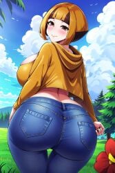  1girls ai_generated arms_at_sides ass_focus big_ass big_breasts blue_jeans blush blushing bob_cut busty cleavage cloudy_sky creatures_(company) curvy day daytime denim_jeans female female_only flushed from_behind game_freak gardenia_(pokemon) grass hi_res highres huge_ass jeans long_sleeves looking_at_viewer looking_back nature nintendo outdoors pokemon pokemon_(game) poncho round_ass seraphim_ai sky smile solo stable_diffusion tight_jeans trees 