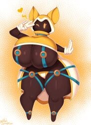  2021 animal_ears belt big_breasts blush_lines breasts brown_body clothing female gigi_(mehlewds) gloves heart hips hood huge_breasts huge_thighs large_breasts mage mehdrawings mehlewds mob_face peace_sign solo standing tagme thick thick_thighs thighs underboob white_gloves wide_hips wink yellow_eyes 