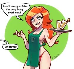 1girls 2023 apron barista breasts casual cleavage clothing dialogue employee employee_uniform female freckles ginger_hair human marvel mary_jane_watson no_bra outerwear pale_skin red_hair red_panties siczak spider-man_(series) starbucks tagme waitress