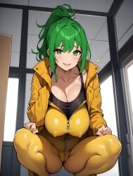  1girls ai_generated big_breasts blush blushing_at_viewer breasts cheerleader fangame fangame_character female female_only fit_female green_eyes green_hair gym_leader hi_res highres julia_(pokemon_reborn) julia_wilde locker_room long_hair looking_at_viewer nipple_bulge nipples_visible_through_clothing pokemon pokemon_fangame pokemon_reborn ponytail short_hair skin_tight squatting track_jacket 
