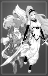  2girls alternate_costume ass back back_view bare_back bare_midriff bare_thighs big_ass braid breasts cosplay costume_switch crossover dancer dark-skinned_female dark_skin female female_only fire_emblem fire_emblem_awakening frown greyscale long_hair looking_at_viewer looking_back medium_breasts midriff monochrome multiple_girls nintendo olivia_(fire_emblem) olivia_(fire_emblem)_(cosplay) one-punch_man panties ponytail sideboob sinccubi smile thighhighs thighs twin_braids underwear very_long_hair yuta_(one-punch_man) 