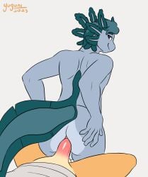  2023 5_fingers amphibian anal anal_sex animated anthro anus ass axolotl balls blue_body blue_eyes blue_skin canid canine canis clothed clothing domestic_dog duo erection facing_forward fingers first_person_view fur genitals gills gradient_penis green_tail hair head_gills hi_res litharien_(litharien) looking_back male male/male mammal marine mole_salamander multicolored_body multicolored_hair on_bottom on_top penetration penis power_bottom reverse_cowgirl_position salamander sex shirt signature simple_background smile smiling_at_viewer tail tan_body tan_fur teal_eyebrows teal_hair text topwear two_tone_body two_tone_hair two_tone_tail yellow_body yellow_fur yuguni yuguni_(yuguni) 