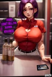  ai_generated big_breasts busty cashier dialogue female female_focus female_only gaiansfw gothic marvel meme moonbase_nsfw peni_parker pircings purple_eyes purple_hair solo solo_female solo_focus spider-man:_across_the_spider-verse spider-man:_into_the_spider-verse spider-man_(series) stable_diffusion uniform 