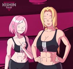  2girls abs athletic athletic_female bare_midriff big_breasts blonde_hair busty comparing comparison crop_top female female_focus female_only hourglass_figure kishinpain large_breasts long_hair medium_support_(meme) naruto navel pink_hair sakura_haruno short_hair small_breasts sports_bra sportswear teacher_and_student tsunade wide_hips 