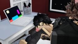 2boys 3d big_ass big_butt big_penis black_hair brown_hair cat_ears cat_tail catboy clothing femboy funkycatboys gay glasses kraxxcat male male/male male_only penis_on_face playing_videogame roblox robloxian saliva_on_penis self_upload sitting_on_chair tagme 
