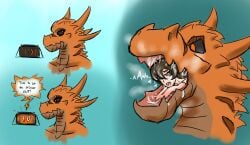  black_sclera bodily_fluids breath brown_body brown_hair checking_time clock dragon drooling female hair heart hi_res horn human in_mouth ingestion male male/female mammal oral_only saliva saliva_string serth spikes steaming stripes text time_lapse timer tongue vore 