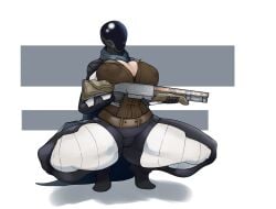  2d breasts bungie cape cleavage curvy destiny_(game) female female_focus female_only guardian_(destiny) helmet human hunter_(destiny) large_breasts lewdreaper nipple_bulge shotgun simple_background spread_legs squatting thick_thighs voluptuous weapon white_background 