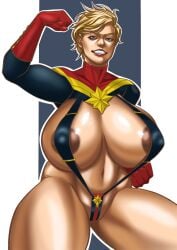  areola areolae barely_contained_breasts barely_covered big_breasts blonde_hair blue_eyes boobs breasts captain_marvel carol_danvers exposed_stomach flexing_bicep large_breasts marvel palungpalang precarious_clothing short_hair skimpy skimpy_clothes skimpy_outfit sling slingshot_swimsuit superheroine tits 