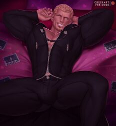  bara blonde_hair bulge cards cresxart facial_hair fully_clothed hands_behind_head kingdom_hearts luxord lying_on_back male male_only muscles muscular nobody_(kingdom_hearts) organization_xiii playing_card solo solo_male spread_legs 