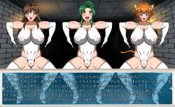  3girls animal_ears areolae ass_visible_through_thighs bare_thighs blue_eyes blush boots breasts brown_hair cat_ears cat_tail catgirl cleavage covered_navel covered_nipples dungeon elbow_gloves elincia_ridell_crimea female female_only female_pubic_hair femsub fire fire_emblem fire_emblem:_radiant_dawn gloves green_hair happy_sub high_heels huge_breasts japanese_text leotard lethe_(fire_emblem) lineup long_hair looking_at_viewer mind_control mist_(fire_emblem) multiple_girls multiple_subs nintendo okawari_muryou open_mouth orange_hair partially_visible_vulva pose pubic_hair pubic_hair_peek purple_eyes revealing_clothes see-through short_hair slave smile squatting tail text thick_thighs thigh_boots thighs translation_request yellow_eyes 