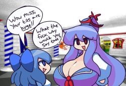  2girls 3d_background age_difference big_breasts blue_eyes blue_hair bow breasts breasts_bigger_than_head cirno cleavage funny gensin headwear huge_breasts keine_kamishirasawa meme mouth_open no_penetration red_eyes source_request speech_bubble suggestive swearing talking touhou yuri 
