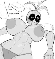  anthro bikini breasts dialogue female five_nights_at_freddy&#039;s fnaf humanoid imminent_sex knocked_out looking_at_another security_guard snesti snesti09 spiral_eyes text toy_chica_(fnaf) 