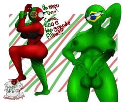  1futa 1girls 2023 balls big_balls big_breasts bottomless brazil_(countryhumans) breasts clothed clothing countryhumans countryhumans_girl dialogue duo erection female futanari green_body green_skin huge_cock humanoid humanoid_penis looking_back luisartz_(artist) meme mostly_nude mother_and_daughter nude pectorals penis portugal_(countryhumans) portuguese_text shitpost solo_focus standing text 