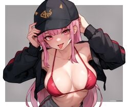  1girls bikini_top bluefield breasts female hat hololive hololive_english hololive_myth jacket large_breasts light-skinned_female light_skin long_hair mori_calliope naughty_face pink_eyes pink_hair png virtual_youtuber 