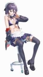  absurdres alternate_costume apron artoria_pendragon_(alter_swimsuit_rider)_(fate) artoria_pendragon_(alter_swimsuit_rider)_(fate)_(cosplay) artoria_pendragon_(fate) bikini black_bikini black_eyes black_hair black_jacket black_skirt black_thighhighs bleach breasts choker cosplay crossover_cosplay fate/grand_order fate_(series) female frilled_bikini frilled_choker frills highres jacket kuchiki_rukia maid maid_bikini maid_headdress navel short_hair simple_background sitting skirt small_breasts solo stool swimsuit thighhighs unconventional_maid w waist_apron waligner white_apron white_background 
