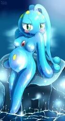  anthro artist_name belly big_belly blush chest_gem looking_at_viewer manaphy pok&eacute;mon_(species) pokemon pregnant rock sitting small_breasts tokemaru water wet 