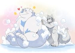  another_eidos_of_dragon_vein_r anthro bathing_together blush canid canine canis duo flaccid fur genitals grey_body grey_fur heart horn male male/male mammal nude patty_(anothereidos_r) penis size_difference takataka theodor_(anothereidos_r) toony washing_partner white_body white_fur wolf yeti 