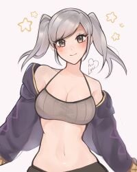  1girls bare_shoulders bra breasts camisole cleavage commentary crop_top english_commentary female female_only fire_emblem fire_emblem_awakening grey_background grey_eyes grey_hair highres jacket long_hair long_sleeves looking_at_viewer medium_breasts midriff navel nintendo open_clothes open_jacket purple_jacket purrlucii robin_(fire_emblem) robin_(fire_emblem)_(female) simple_background smile solo sports_bra stomach swept_bangs twintails upper_body 