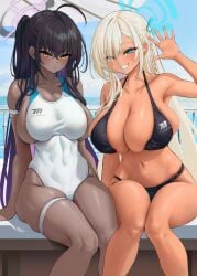  2girls asuna_(blue_archive) b-pang bikini black_hair blonde_hair blue_archive blue_eyes breasts brown_skin chocolate_and_vanilla cleaning_&amp;_clearing_(blue_archive) cleavage competition_swimsuit dark-skinned_female dark_skin female hair_over_one_eye halo hi_res highleg_swimsuit huge_breasts karin_(blue_archive) light-skinned_female light_skin long_hair millennium_science_school_logo_(blue_archive) millennium_science_school_student one-piece_swimsuit outdoors smile swimsuit tan tan-skinned_female tanned_skin yellow_eyes 