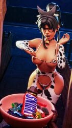  3d black_penis candy_bowl cow_bikini cow_print cowbell dark-skinned_female dark-skinned_male darklulbird ester_figueroa glasses halloween halloween_2023 latina open_mouth penis shocked_expression snickers trick_or_treat 